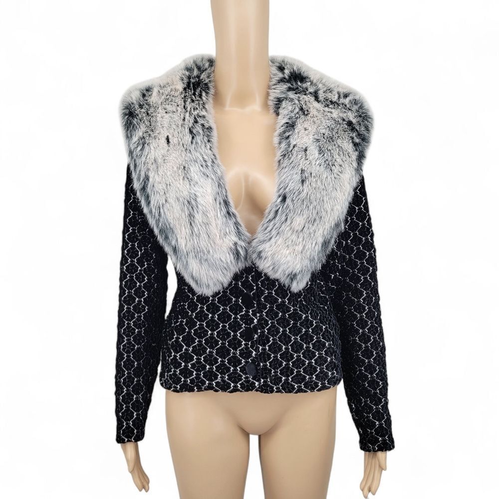 Cache Vintage Black Velvet and Gray Faux Fur Women's Carigan Sweater